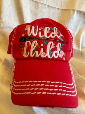 Kbethos “Wild Child” Embroidered Hat Red Floral Distressed Adjustable Cap